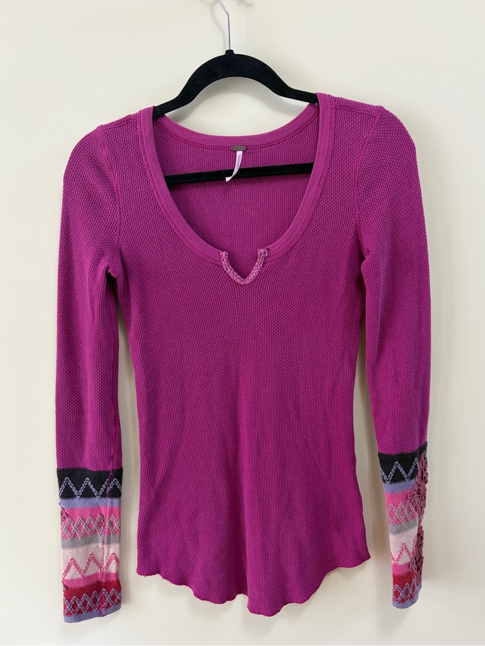 Free People Purple Waffle Knit Thermal Long Sleeve Top—Size M—Perfect for Fall